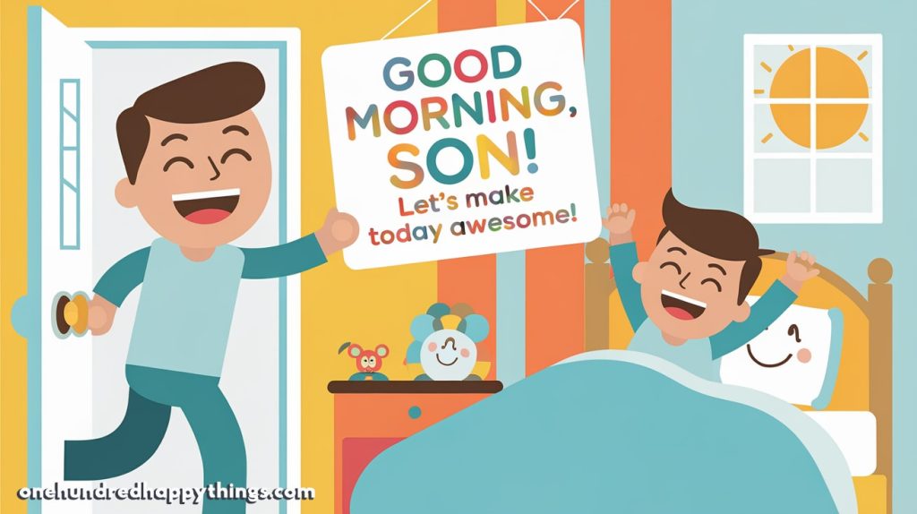 Bright and cheerful morning wishes for your son with fun and playful vibes to start his day with happiness.